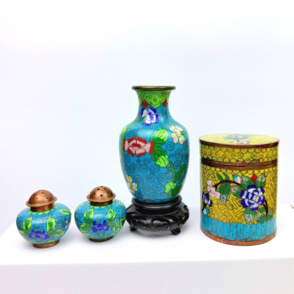Vintage Chinese Cloisonne 5pc Vase Jar Shakers Turquoise Yellow Floral READ LOOK
